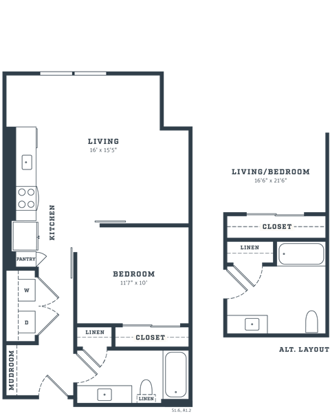 Floor plan for 1 bed, 1 bath, 687 sqft